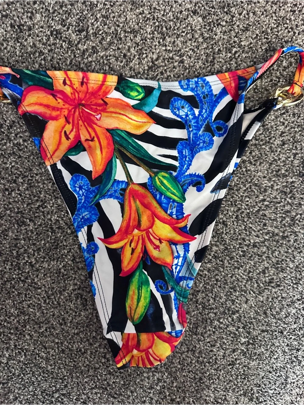 Floral Stripe Triangle Bikini Set - Orange & Blue